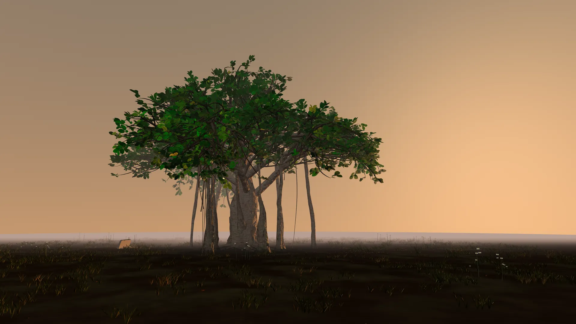 Example memorial for Zoya: a seed-grown banyan standing in a wildflower meadow through warm dusk mist.